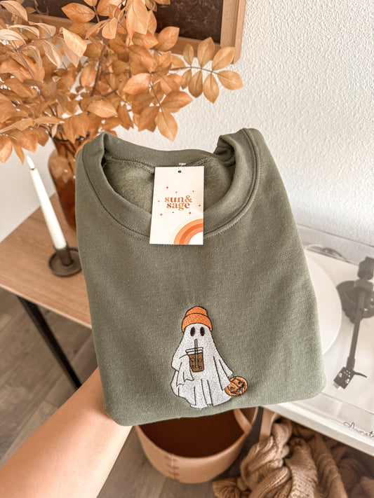 Embroidered Trick Or Treat Iced Coffee Ghost Crewneck